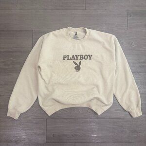 Men's Playboy Beige Pullover Crewneck Minimal Center Logo Sweater - Size Medium